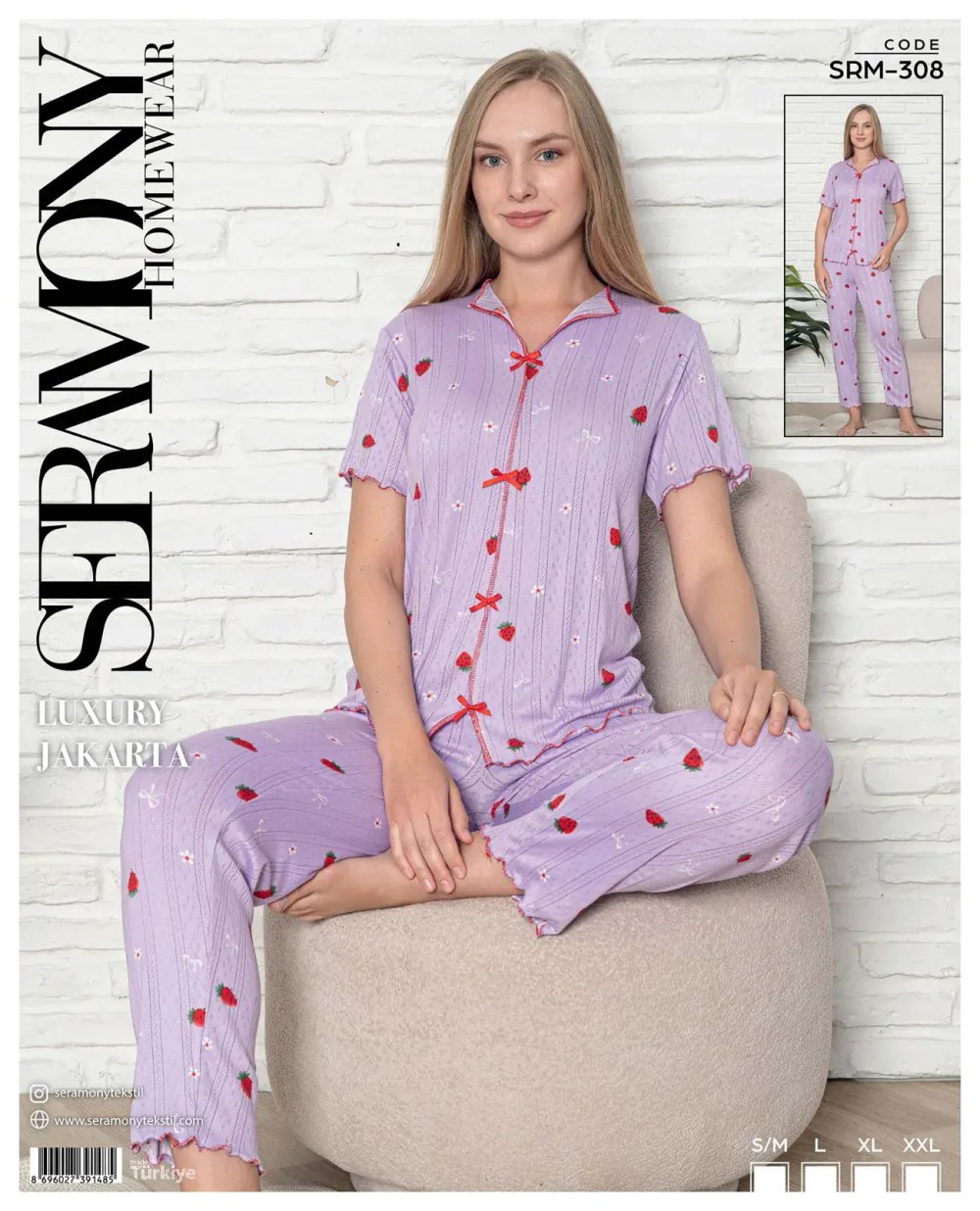 Seramony 308 (s-M-L-Xl-Xxl) Bayan Jakarlı Fiyonklukısa Kollu Pijama Takımı 4'lü
