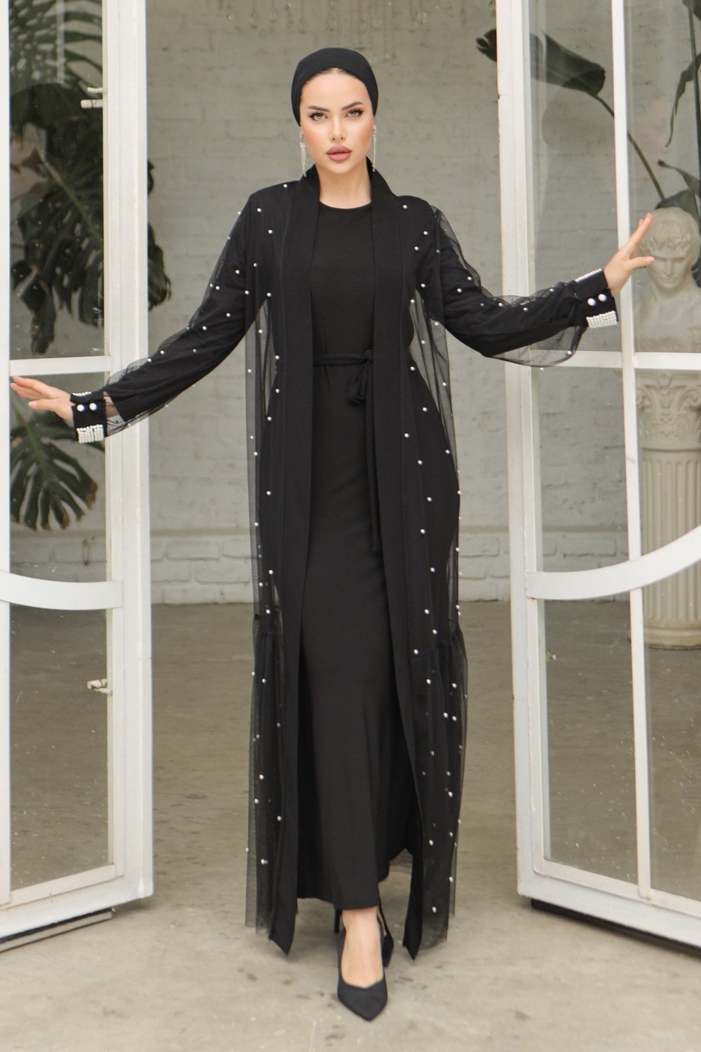 İnci Detaylı Kuşaklı İkili Abaya -Siyah