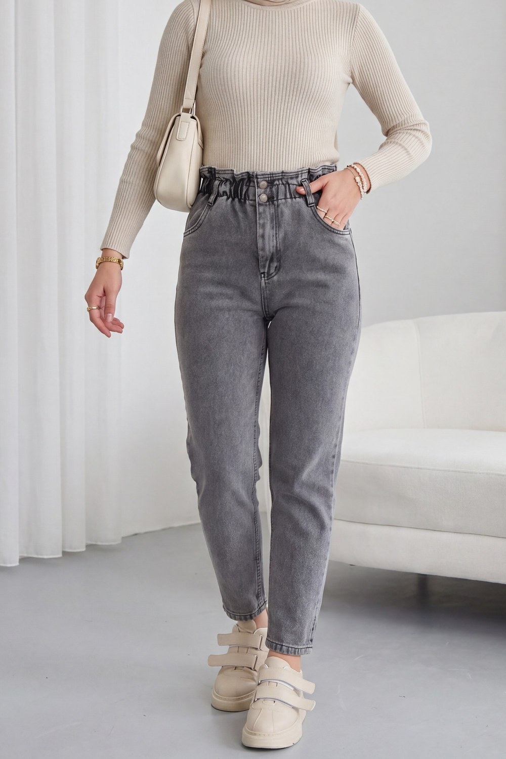 Beli Lastikli Yüksek Bel Kot Pantolon -Gri