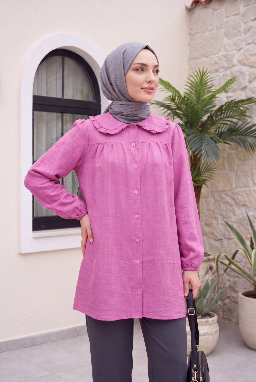 Bebe Yaka Boydan Düğmeli Tunik -Pembe