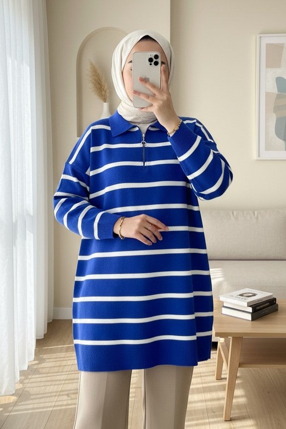 Polo Yaka Fermuarlı Triko Tunik -Saks
