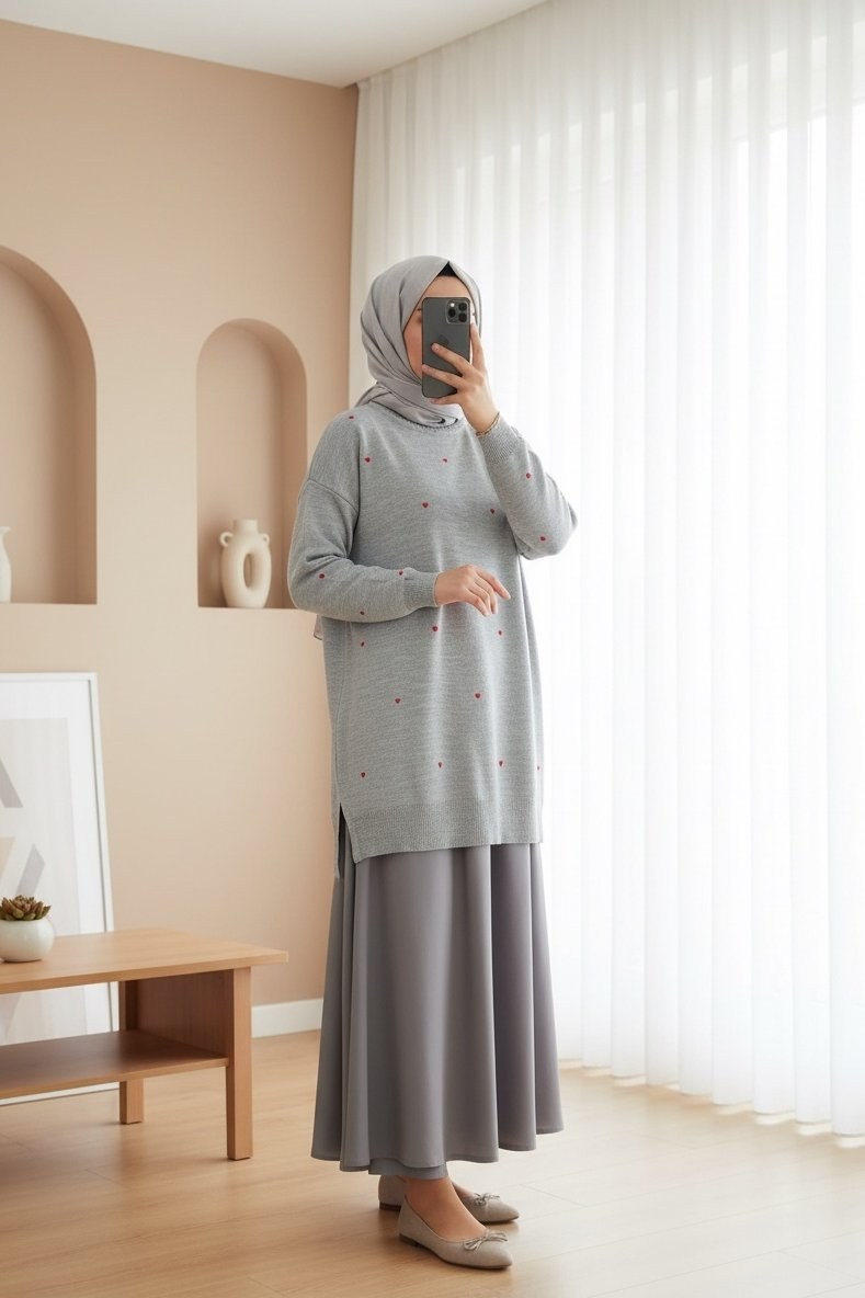 Kalp Nakışlı Bisiklet Yaka Triko Tunik -Gri