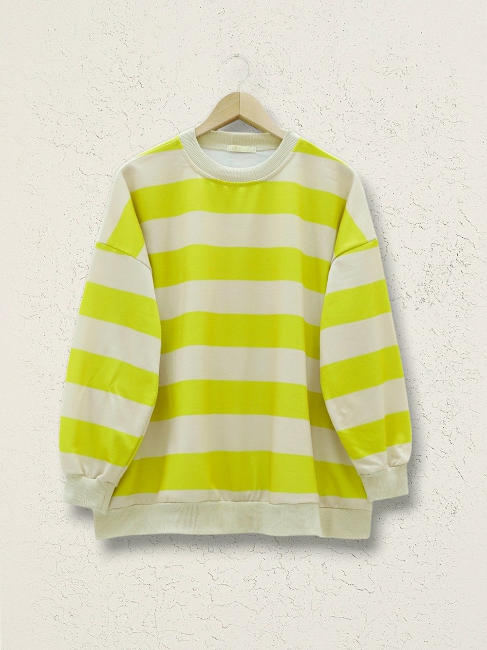Yuvarlak Yaka Kalın Çizgili Oversize Sweat -Yağ Yeşili