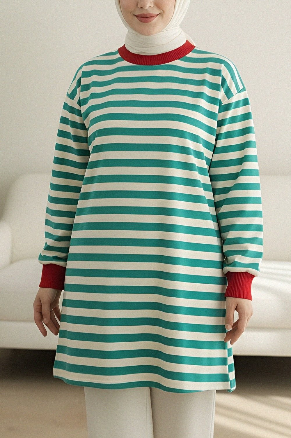 Renkli Çizgili Yuvarlak Yaka Sweat -Zümrüt