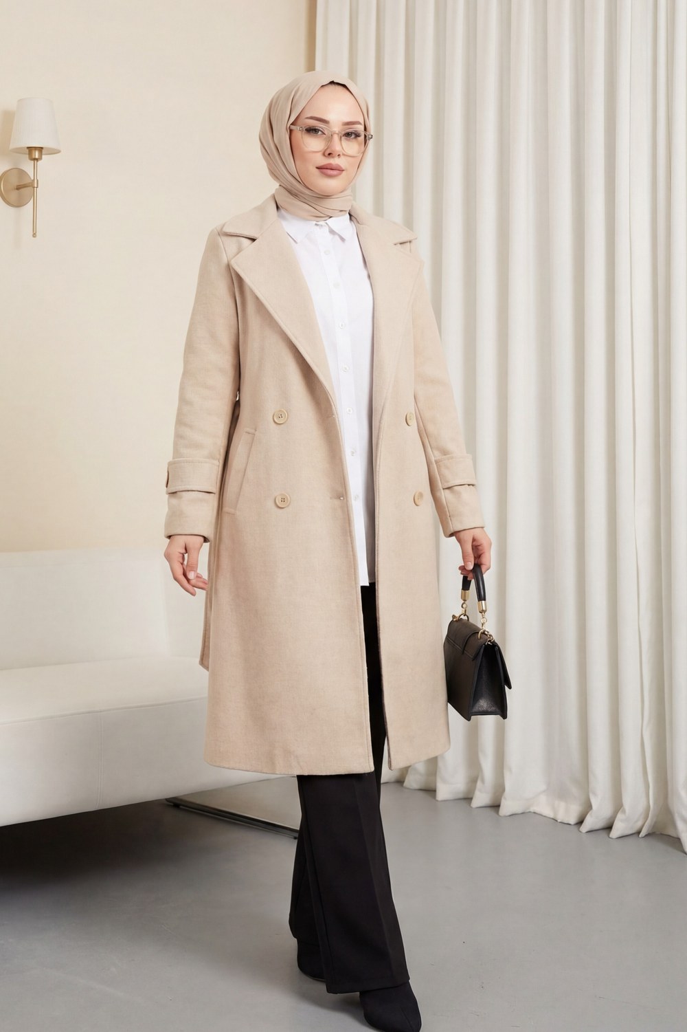 Arkası Bolero Detaylı Kemerli Kaşe Kaban -Bej