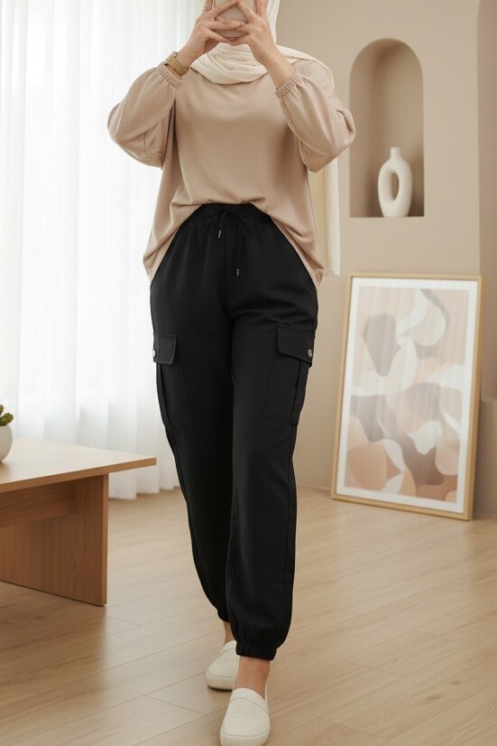 Beli Ve Paçası Lastikli Bağcıklı Kargo Kot Pantolon -Siyah