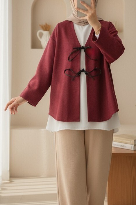 Önü Bağcıklı Oval Kesim Kaşe Kimono -Bordo