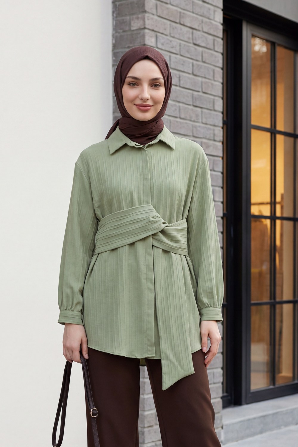 Belden Bağlamalı Fitlli Krinkıl Tunik -Su Yeşili