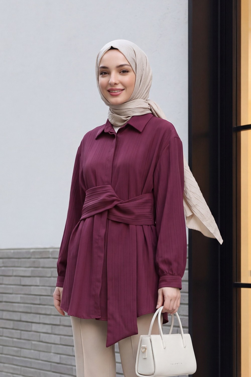 Belden Bağlamalı Fitlli Krinkıl Tunik -Bordo