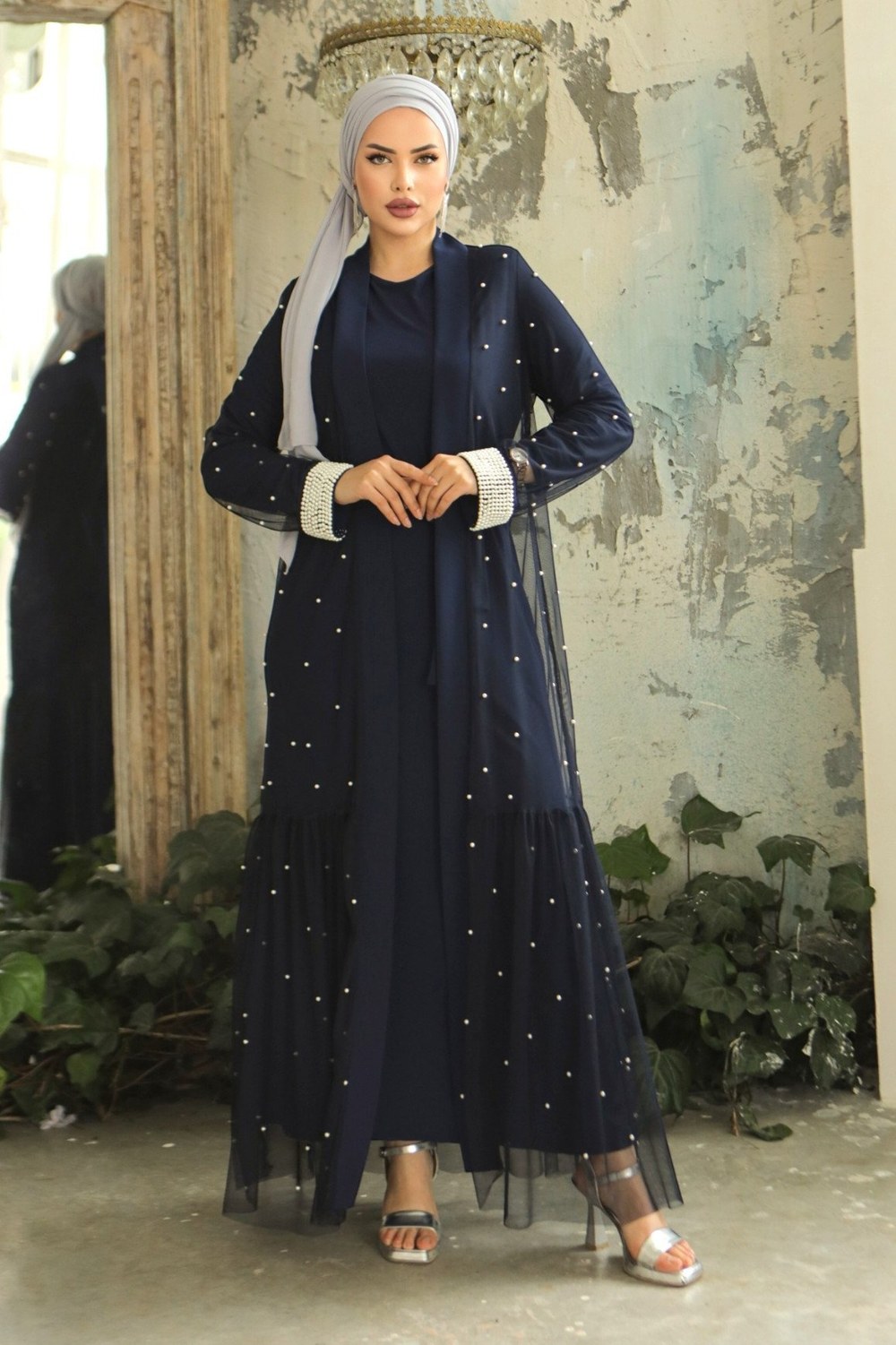 İnci Detaylı Kuşaklı İkili Abaya -Laci