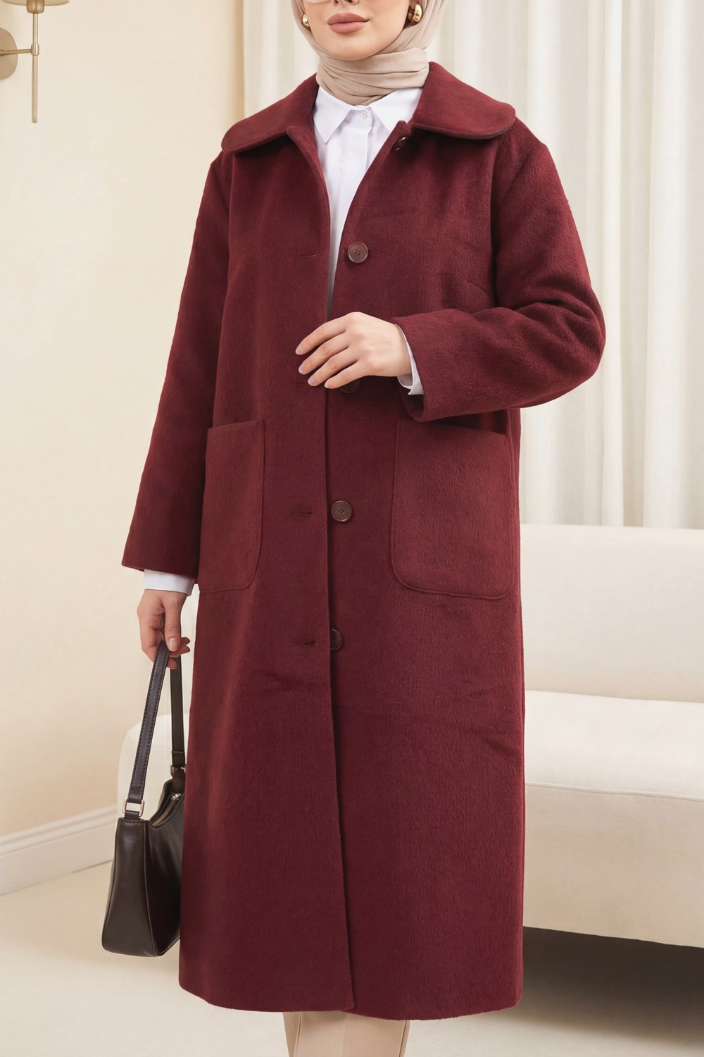 Boydan Düğmeli Cepli Kaban -Bordo