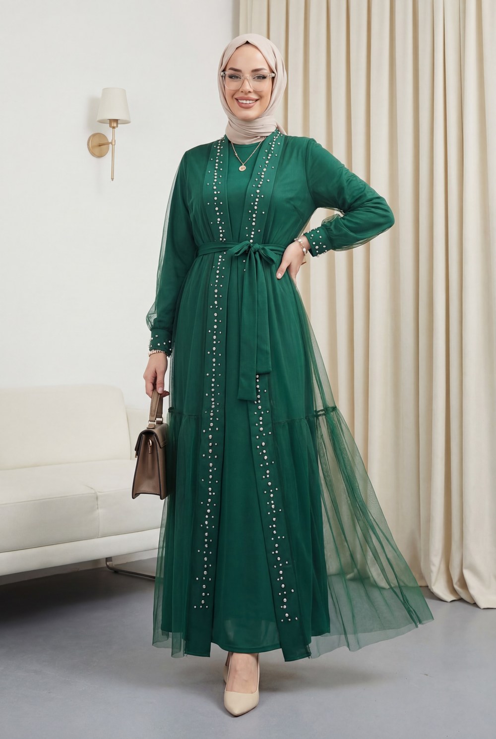 Önü Taş Ve İnci Detaylı Beli Bağcıklı İkili Abaya -Yeşil