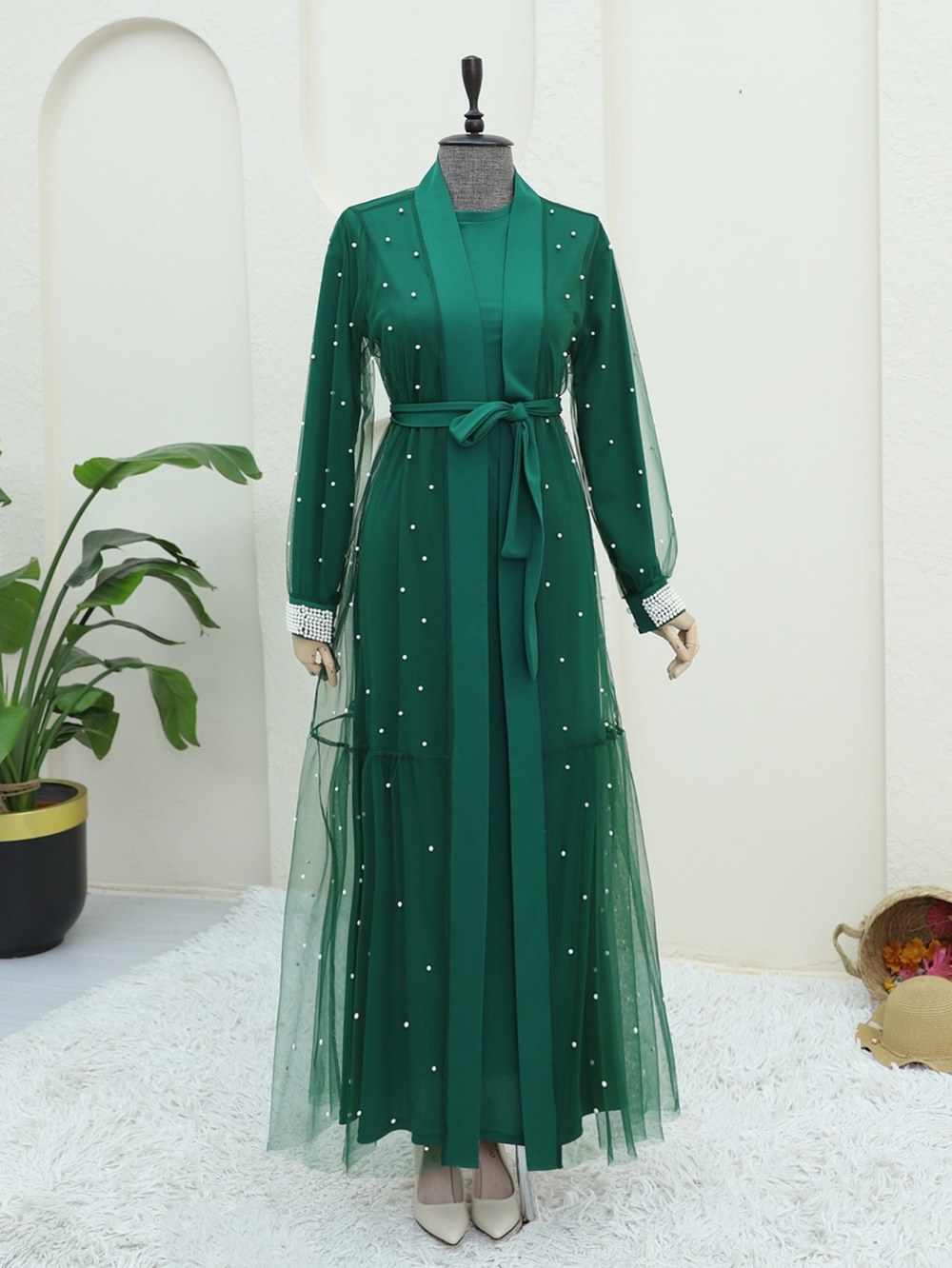 İnci Detaylı Kuşaklı İkili Abaya -Yeşil