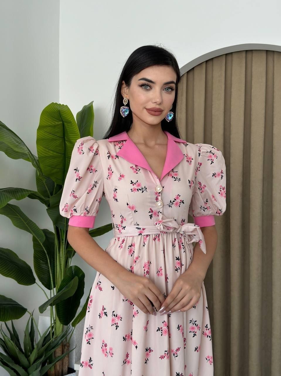 Vesoul Yakalı Midi Boy Elbise ETK-00435-pembe