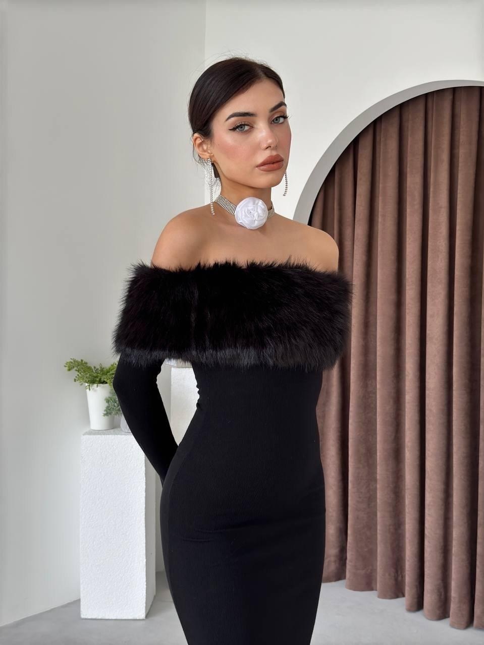 Bestia Straplez Tüy Detaylı Elbise ETK-00515-siyah