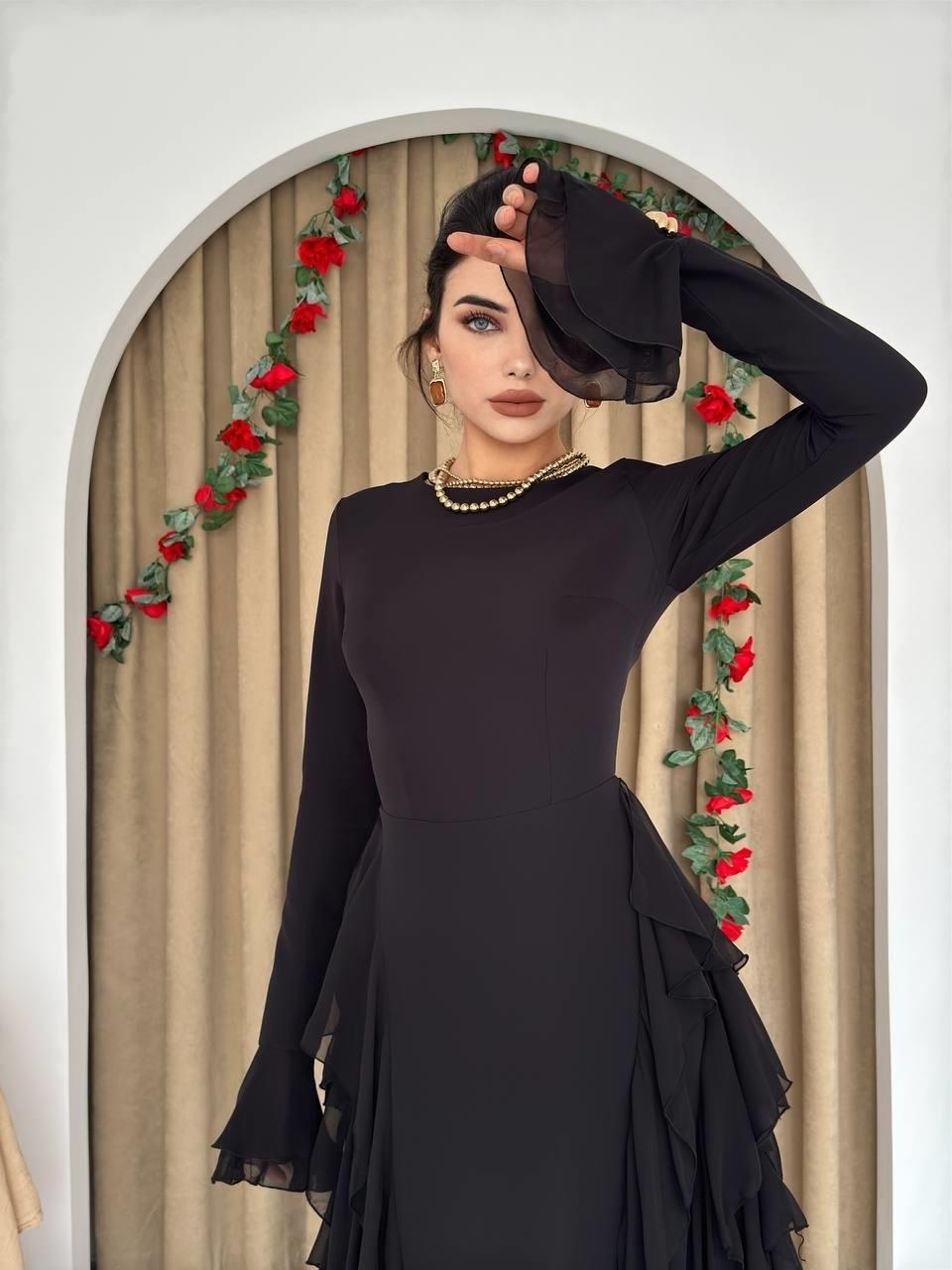 Rel Fırfır Detay Elbise ETK-00557-siyah