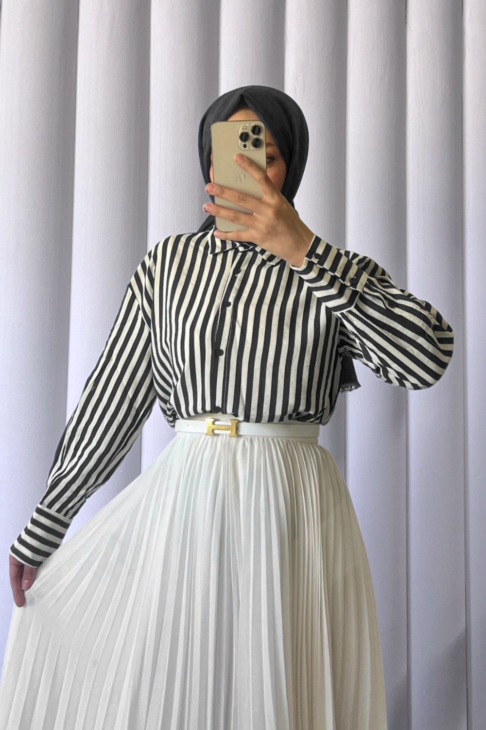 Çizgili Oversize Düğmeli Gömlek -Siyah