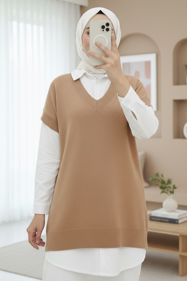 V Yaka Oversize Triko Süveter -Vizon