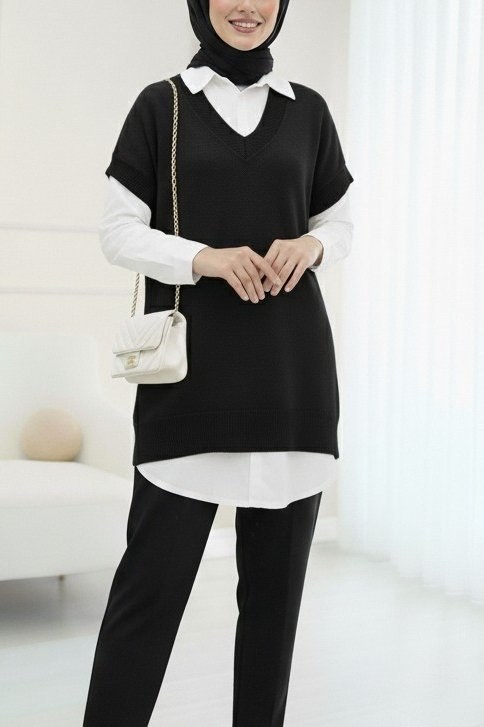 V Yaka Oversize Triko Süveter -Siyah