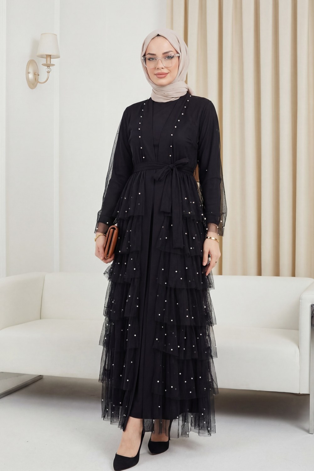 Eteği Katlı Serpme İncili Tül Abaya Takım -Siyah