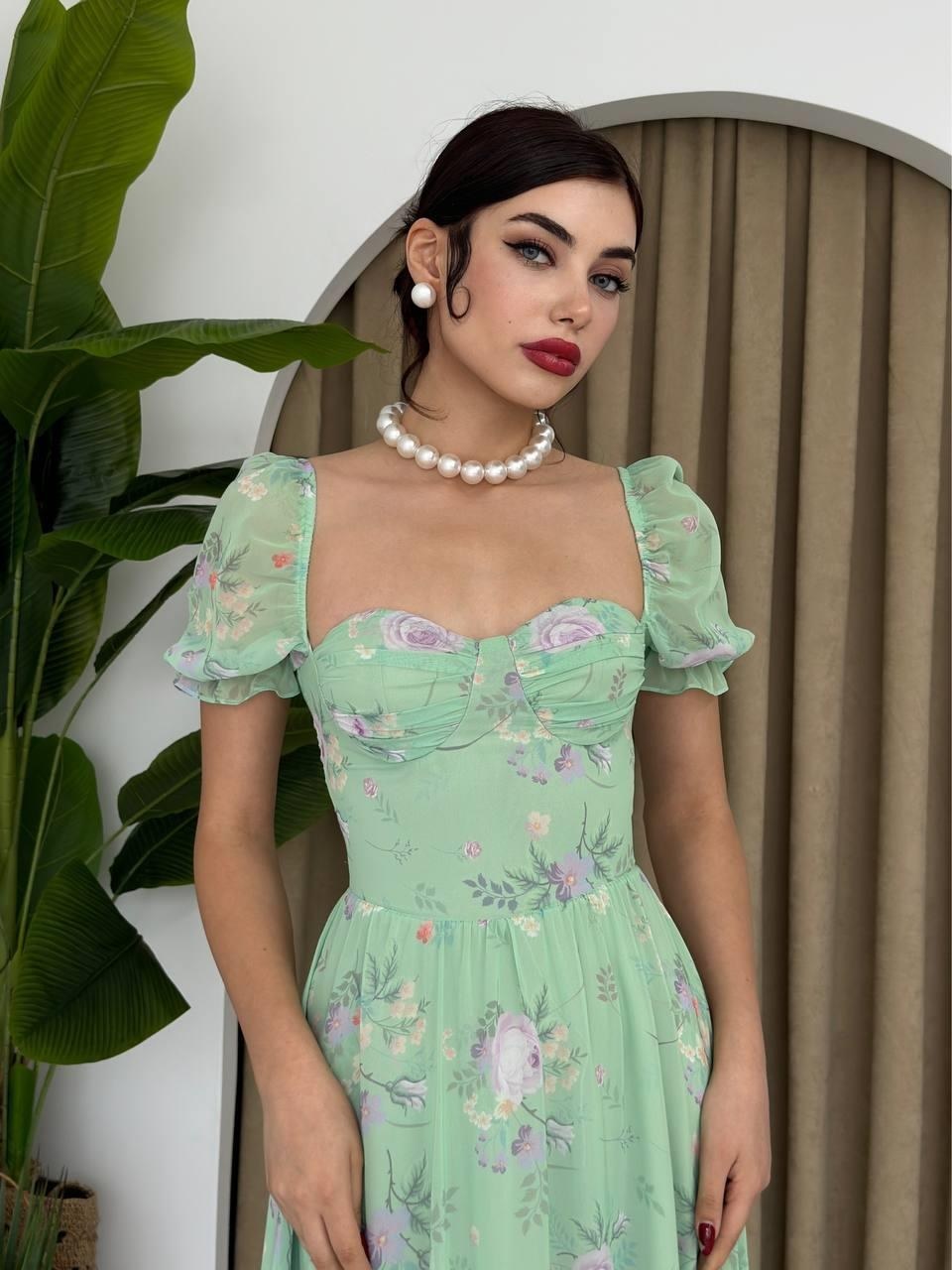 Şifon Kumaş Dijital Desen Baskılı Elbise ETK-00330-yesil