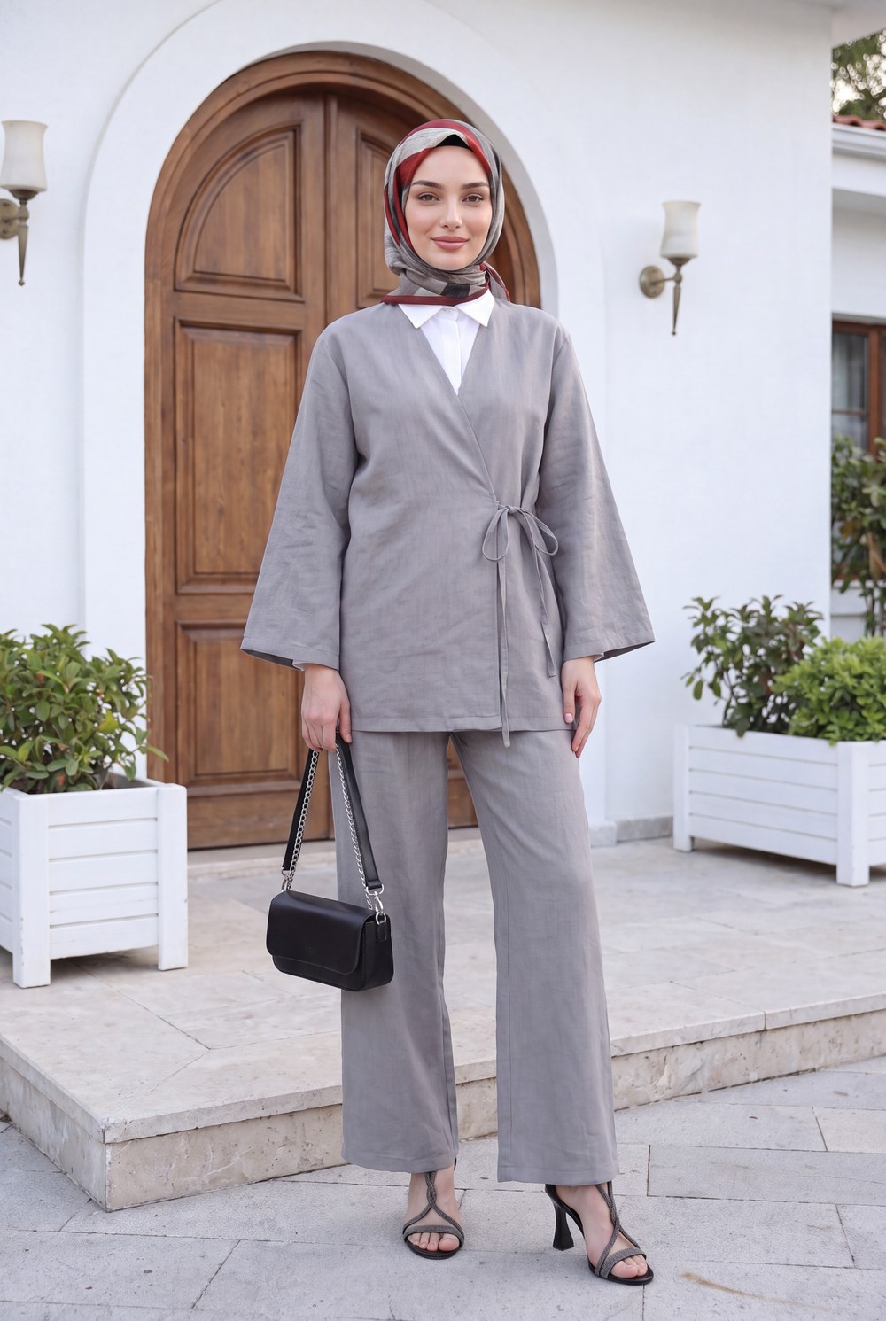 Önden Bağlamalı Pantolonlu Kimono Takım -Gri