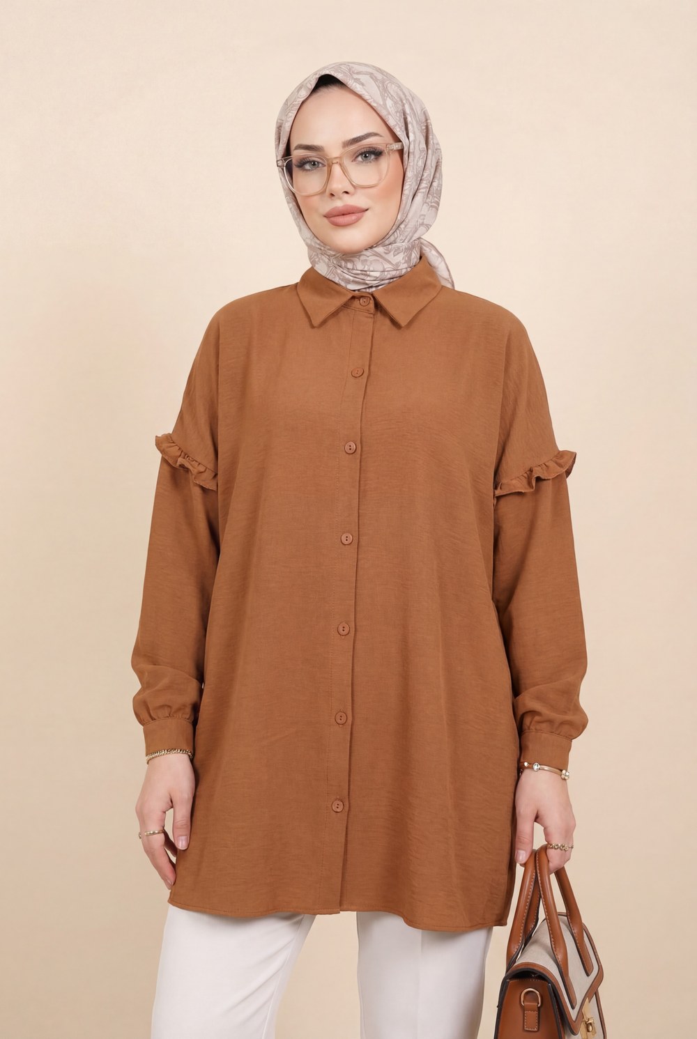 Kolları Taşlı Fırfırlı Salaş Ayrobin Tunik -Kiremit