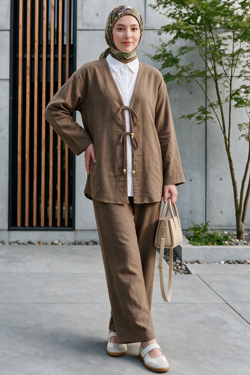 Önü Çift Bağlamalı Pantolonlu Kimono Takım -Açık Kahve