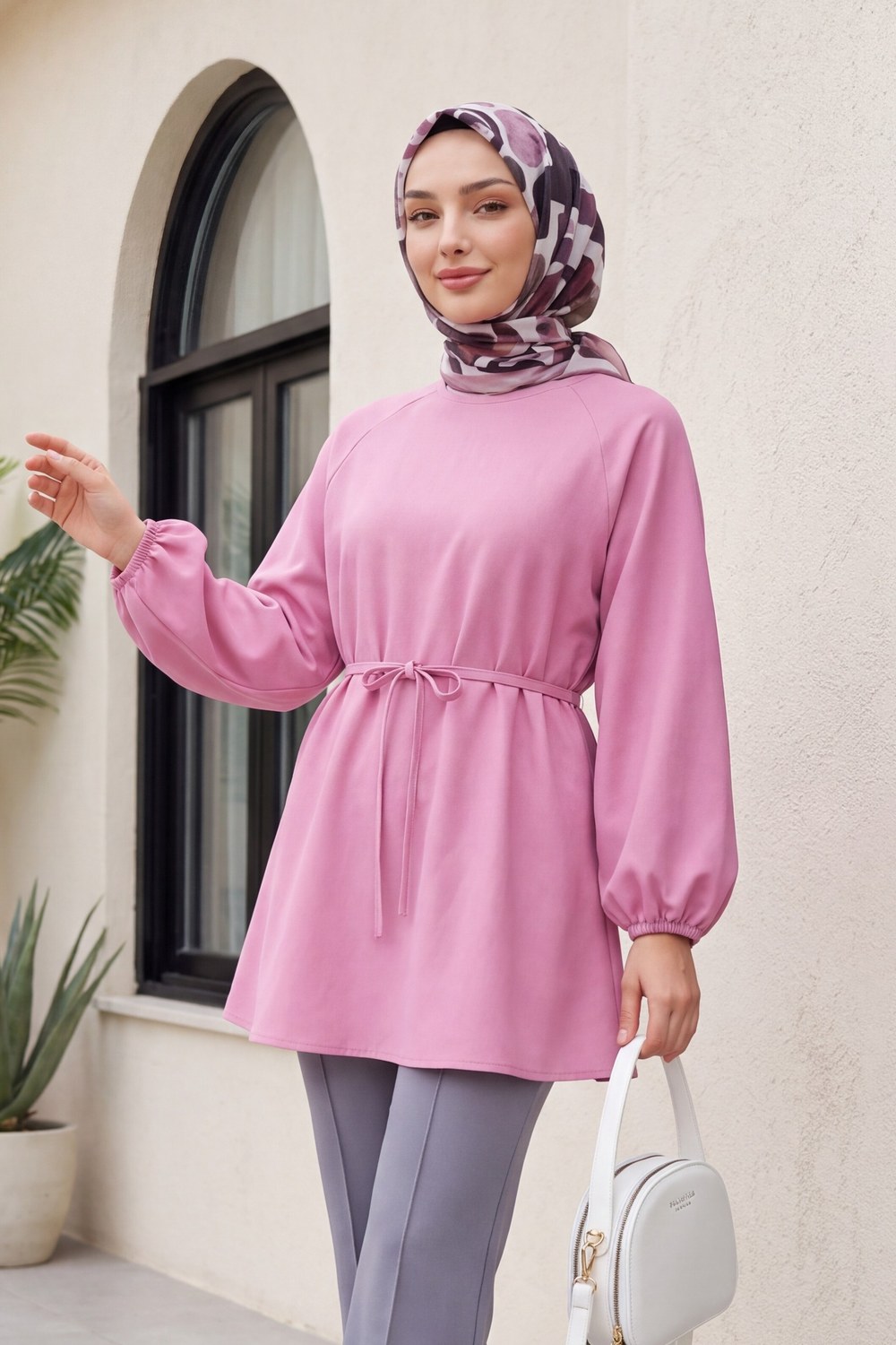 Yuvarlak Yaka Beli Bağcıklı Balon Kol Tunik -Pembe