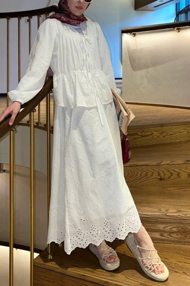 Kolu Lastikli Önü Bağlamalı Astarlı Kimono Takım -Beyaz