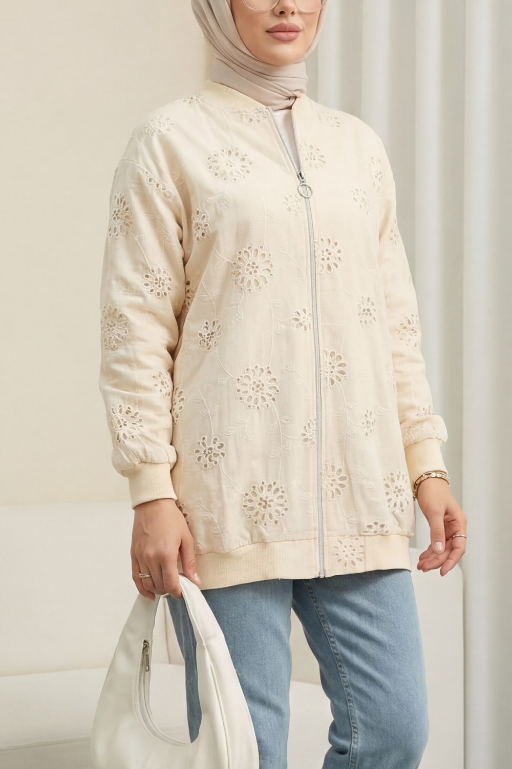 Fermuarlı Astarlı Taş Ve Boncuklu Tunik -Bej
