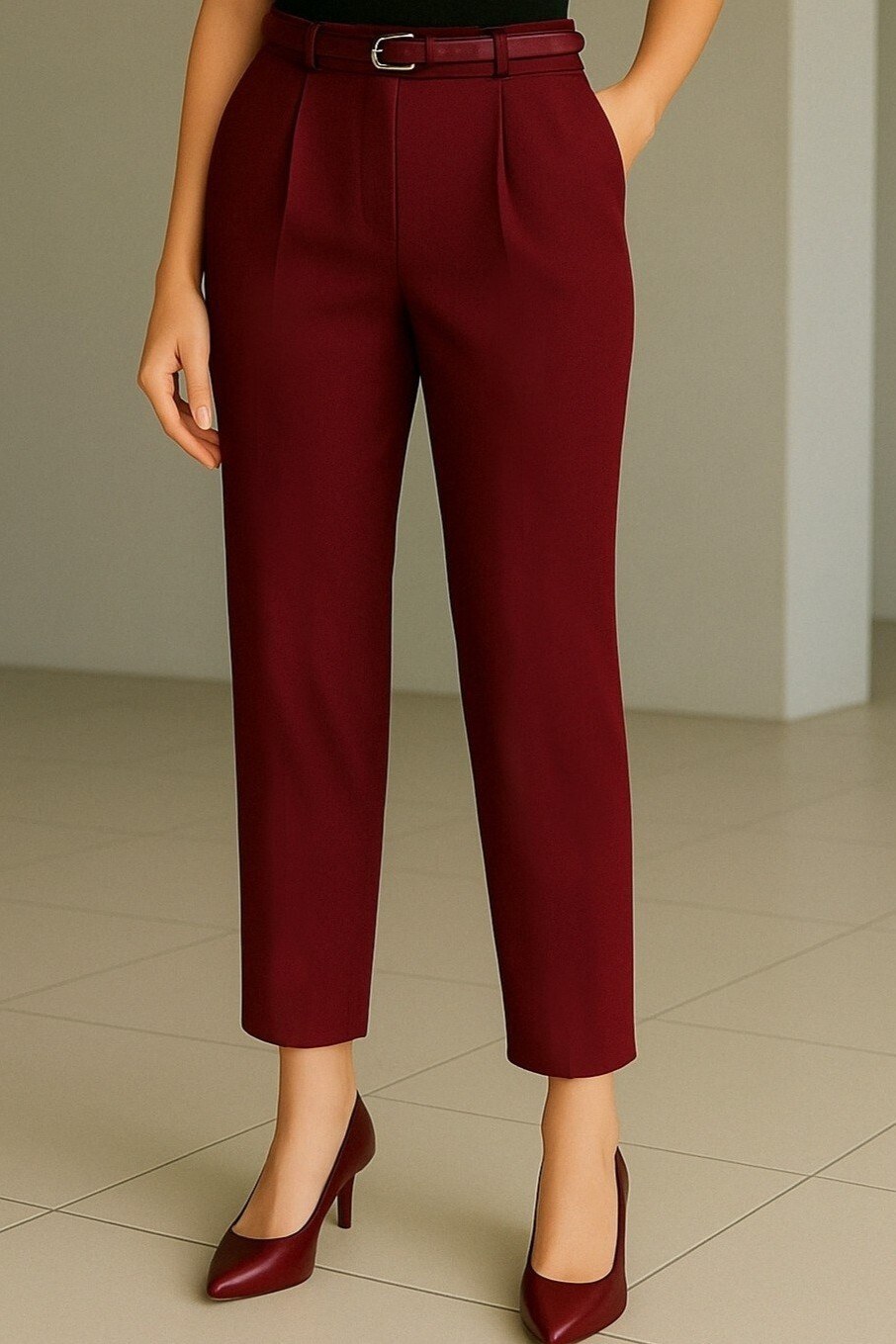 Beli Kemerli Çift Cepli Pantolon -Bordo