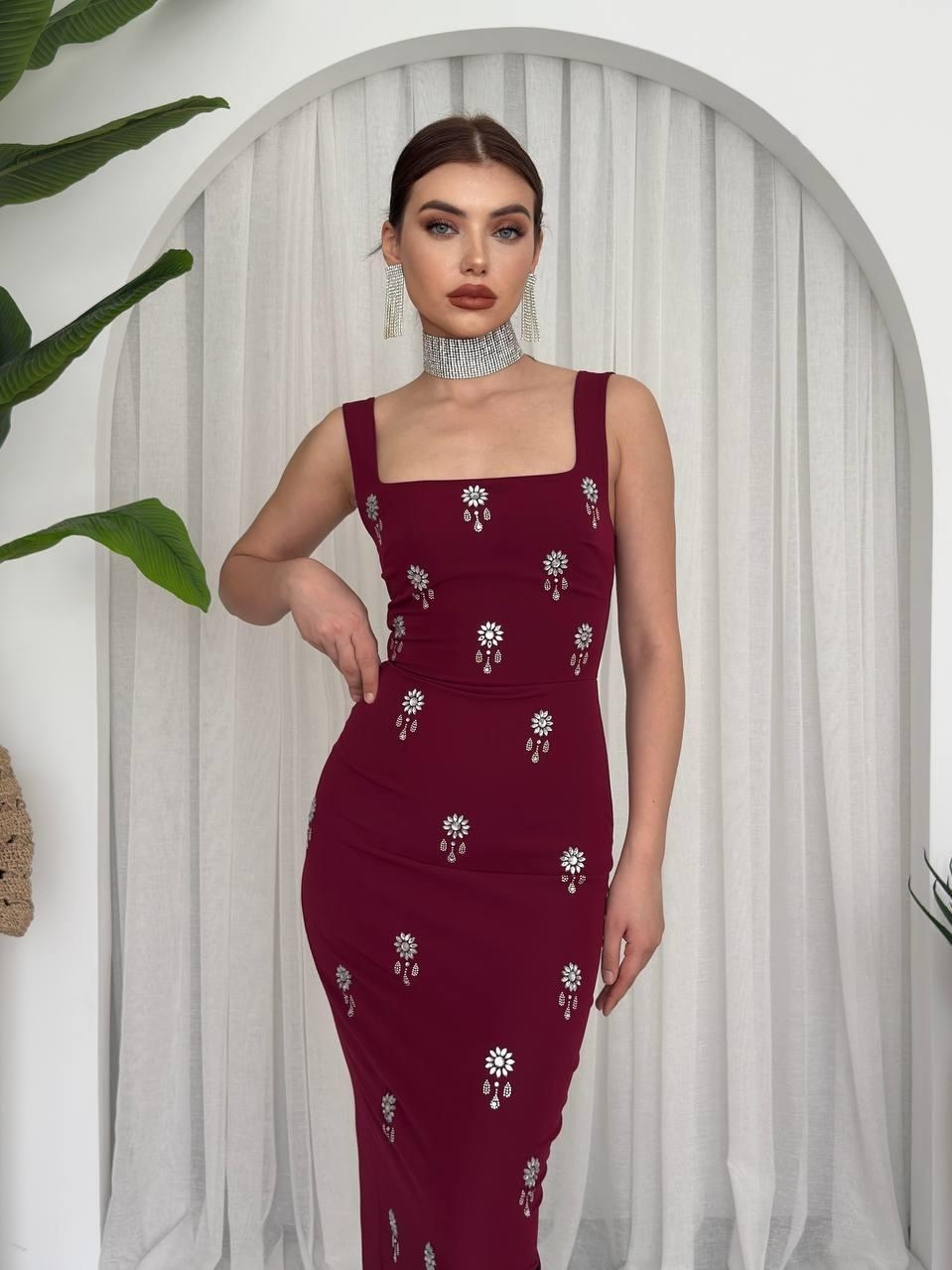 Ners Taş Detaylı Elbise ETK-00625-bordo
