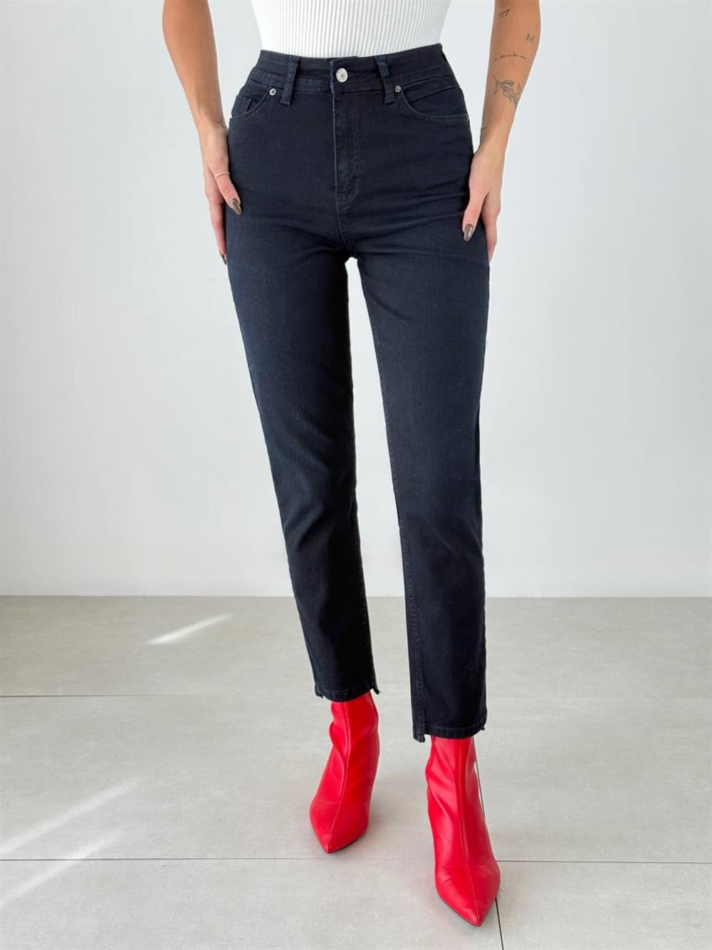 Yüksek Bel Paça Detaylı Blue Black Elis Jean Pantolon