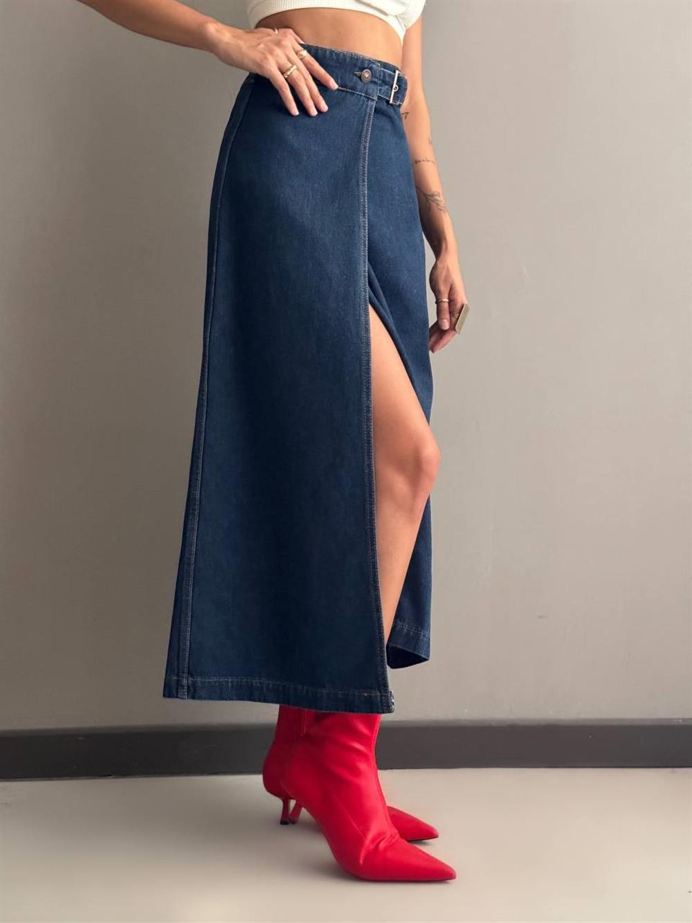 Yırtmaç Detaylı Bilek Boy Dark Blue Etek