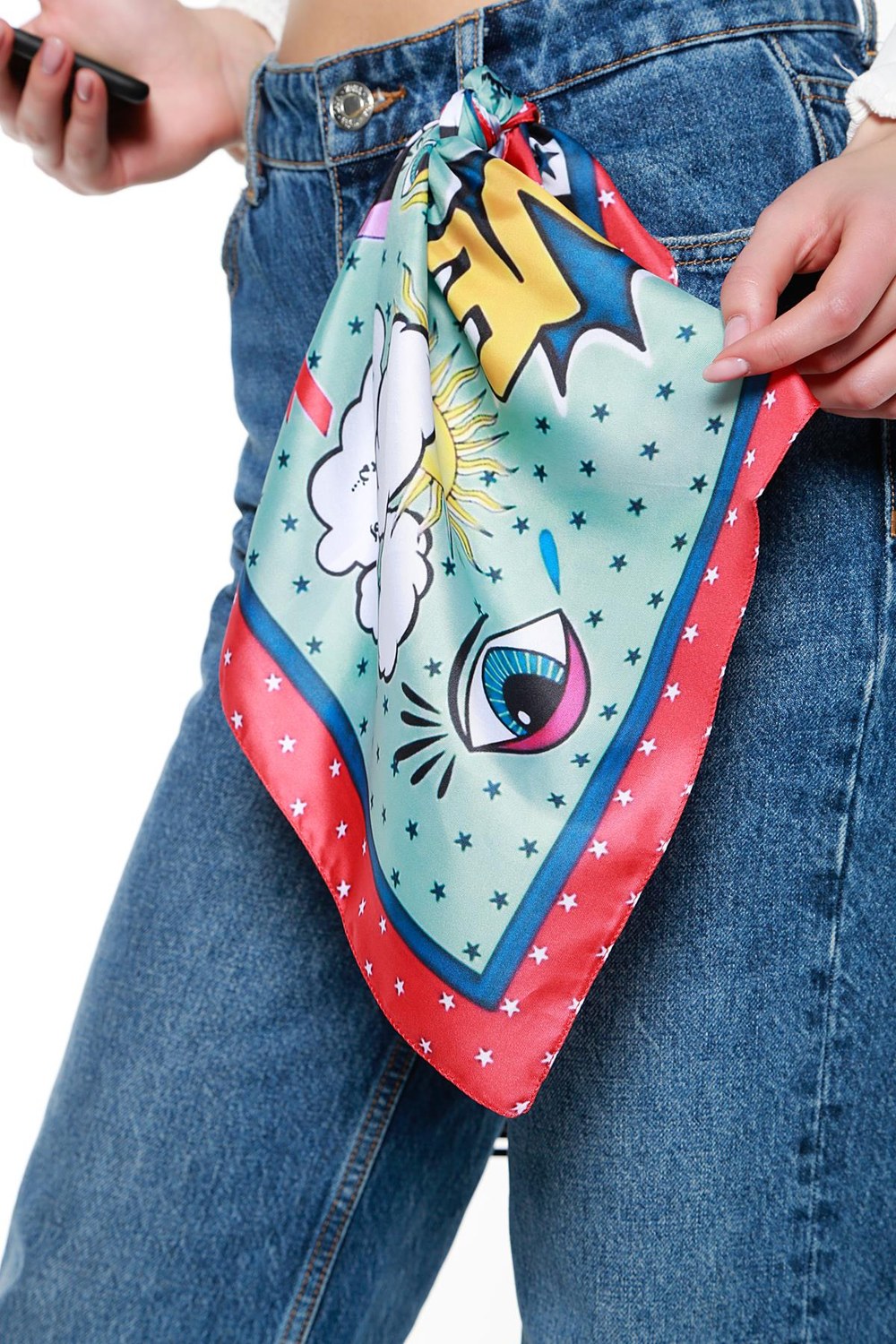 13707 Göz Desenli Renkli Saten Bandana Fular 50x50 Cm