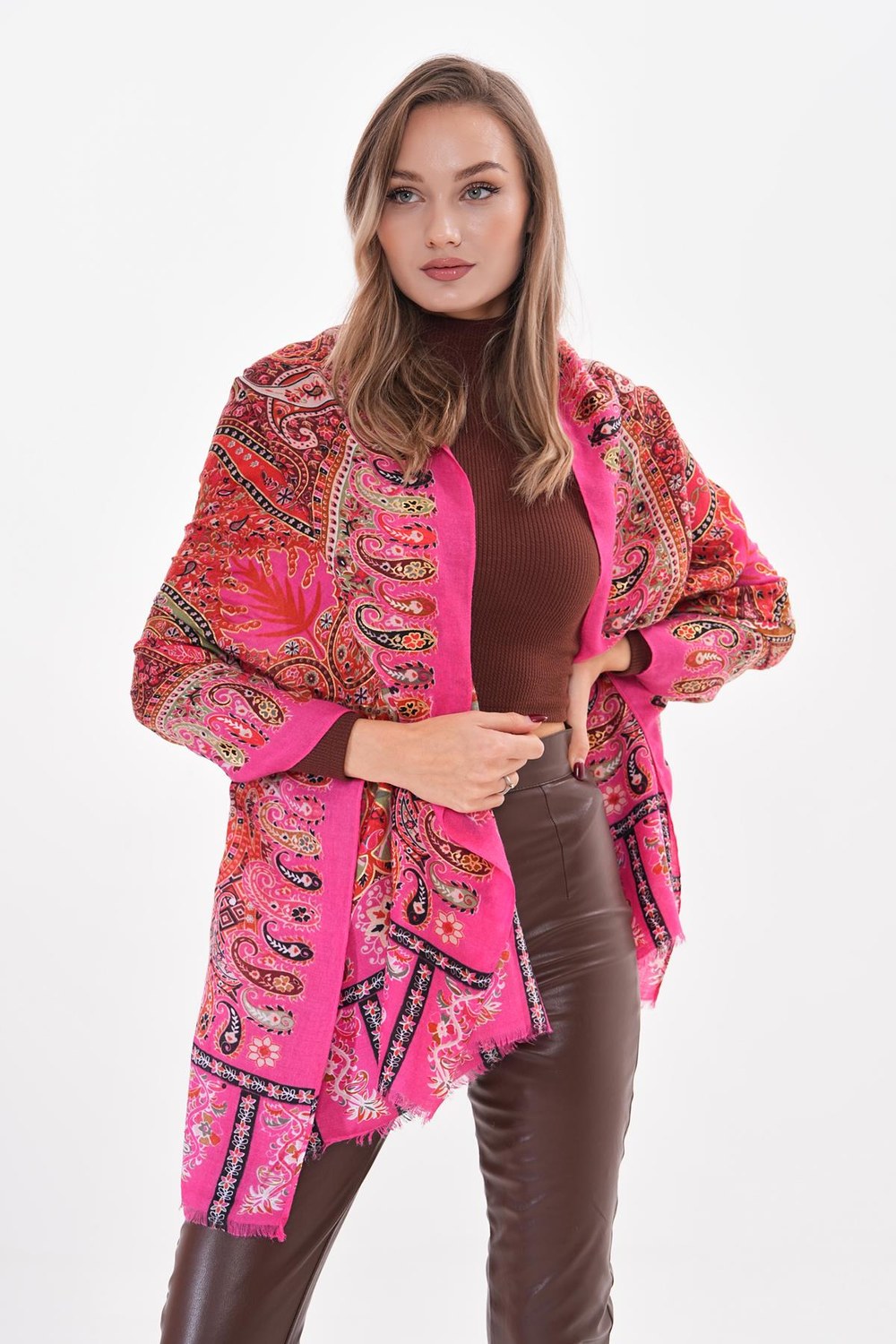15176 Patchwork Desenli Fuşya Fransa Kumaşı Varaklı Şal