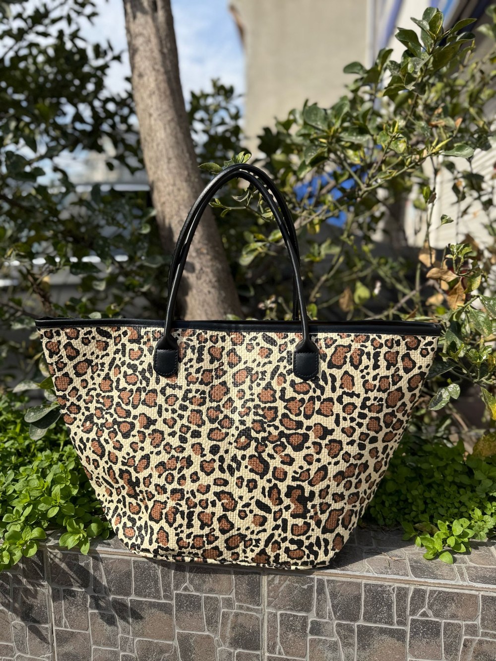 NWC-1009 Leopar Desenli Siyah Hasır Çanta