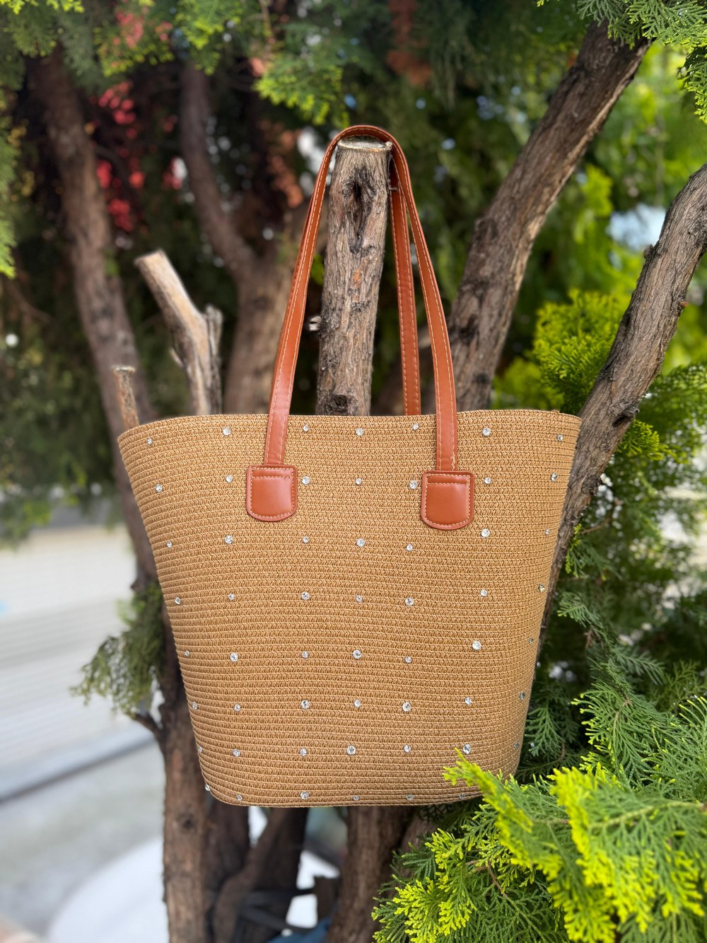 NWC-1045 Taşlı Camel Hasır Kol Çantası