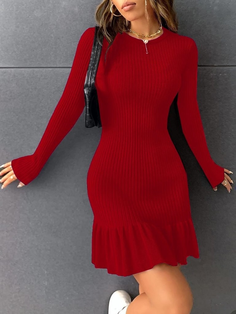 Kadın Bisiklet Yaka Uzun Kol Etek Ucu Fırfırlı Triko (polyenit) Mini Boy Elbise, 37847