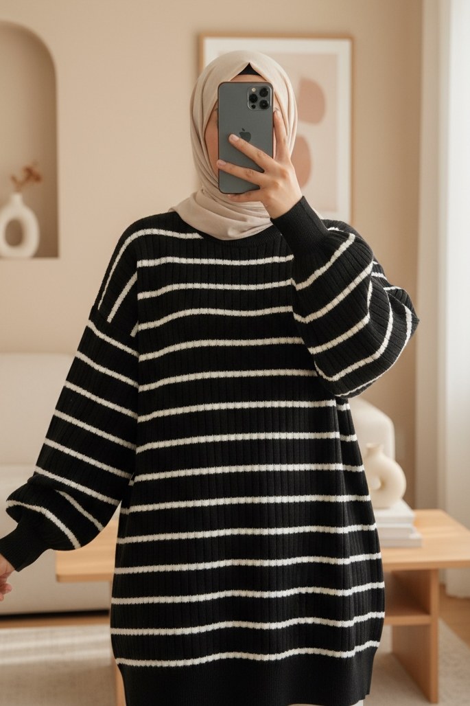 Bisiklet Yaka Fitilli Triko Tunik -Siyah