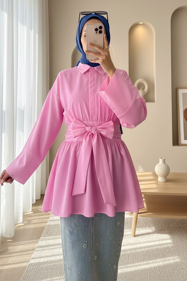 Yarım Düğmeli Beli Bağlamalı Yanı Fermuarlı Tunik -Pembe
