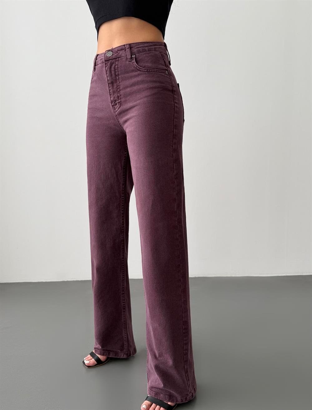 Kadın Yüksek Bel Bol Kesim Bordo Jean Pantolon