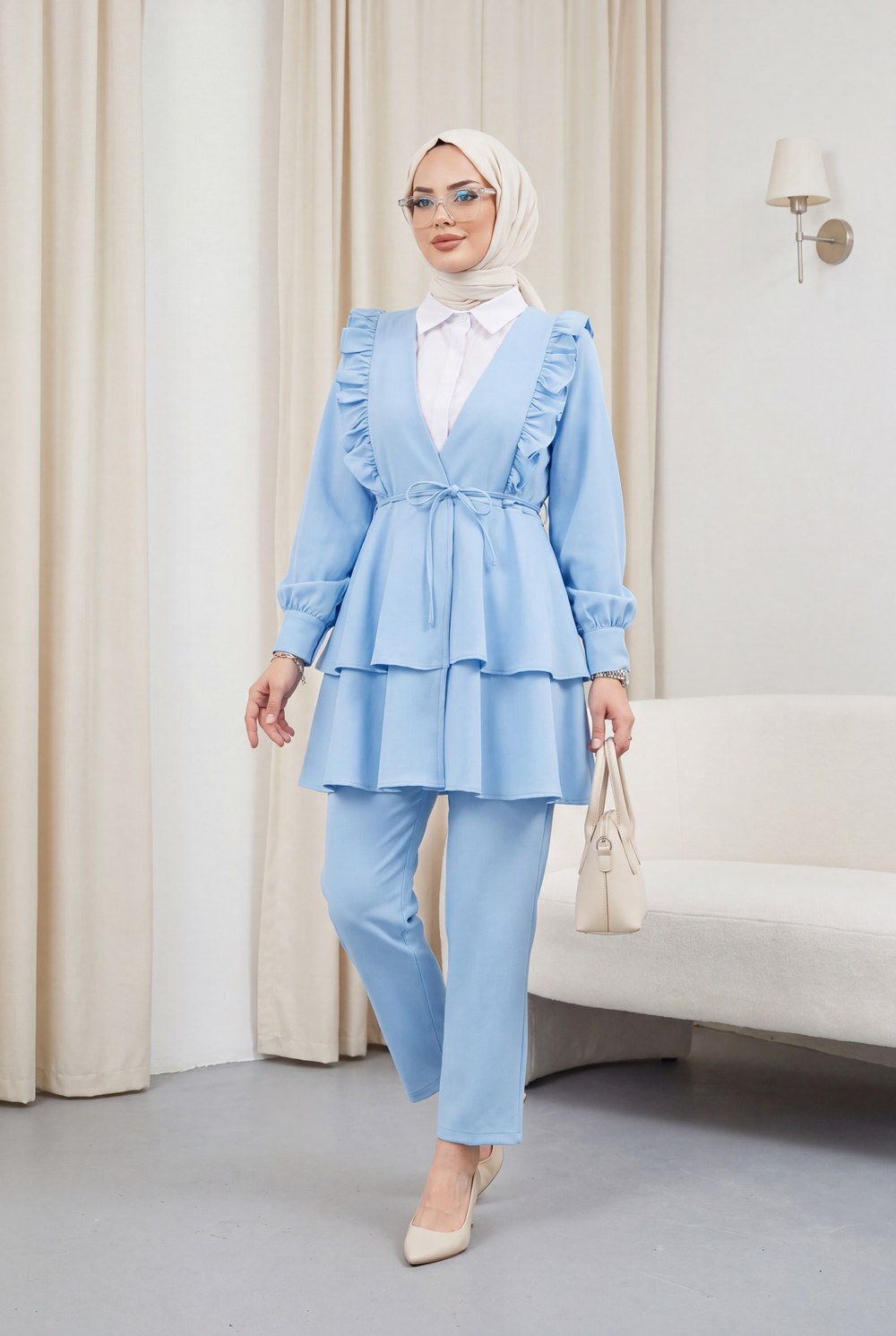 Önü Fırfırlı Bağcıklı Eteği Katlı Pantolonlu Kimono Takım -Bebe Mavi