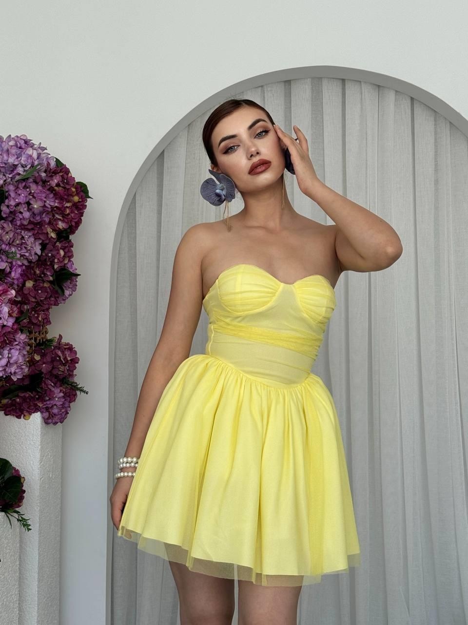 Xoxa Straplez Elbise ETK-00684-sari