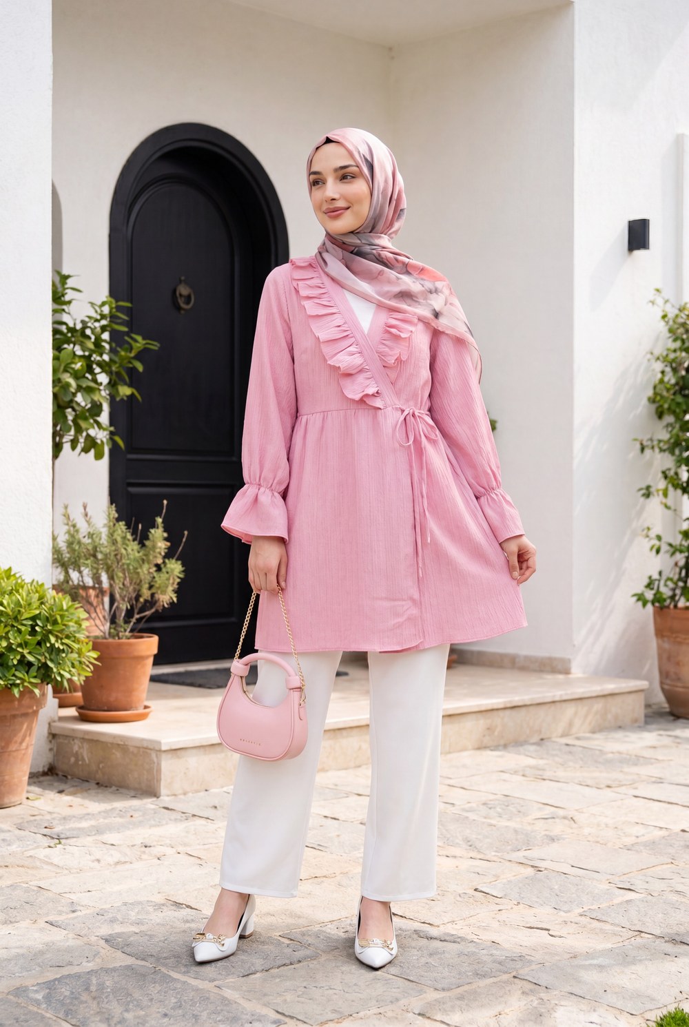 Önü Fırfırlı Bağlamalı Krinkıl Kimono -Pembe