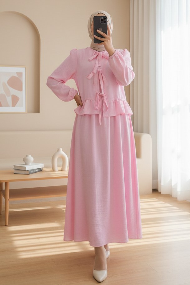 Önü Bağcıklı Kolu Lastikli Etekli Takım -Pembe