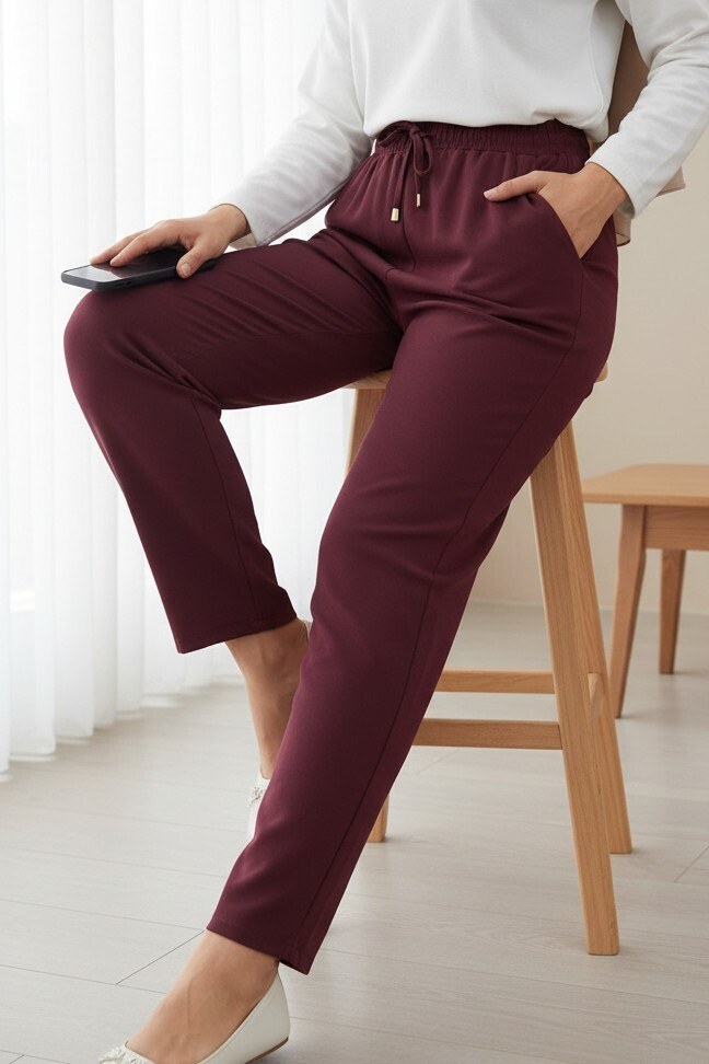 Çift Cepli Beli Lastikli Bağcık Detaylı Pantolon -Bordo