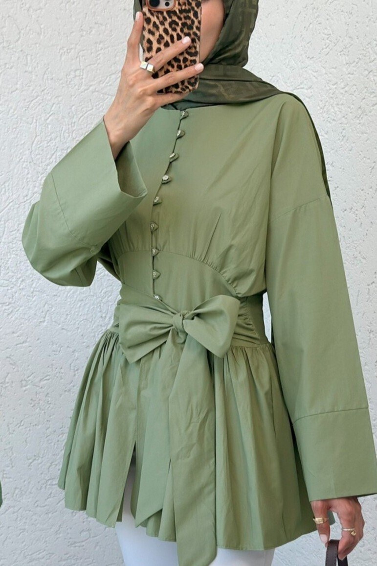 Beli Bağcıklı Boydan Taş Düğmeli Tunik -Çağla Y.