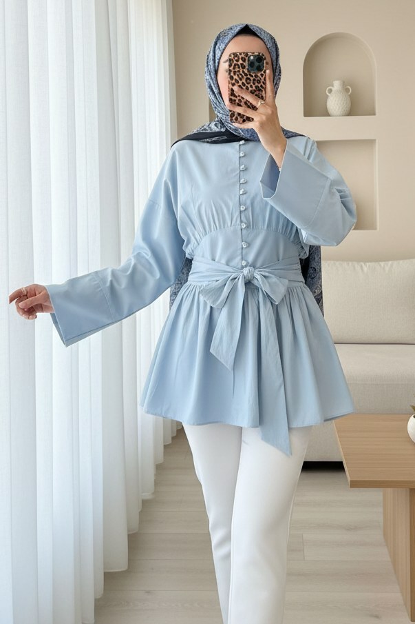 Beli Bağcıklı Boydan Taş Düğmeli Tunik -Bebe Mavi
